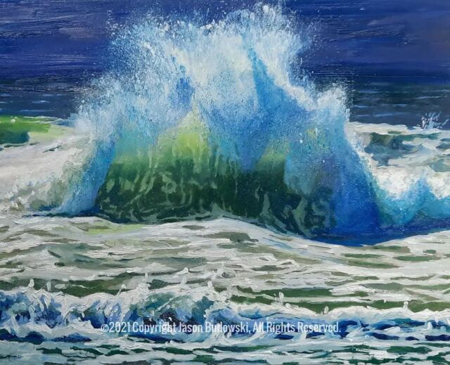 Two waves collide. Oil on canvas. 18x24 inches.  When 2 waves intersect like this it's called constructive interference.
.
.
.
.
.
.
.
#oil #oilpainting #paintingoftheday #sfartist #painting #fineart #realism #expressionism #pacific #surf #oceanart #surfart #galleryart #draw #sketch #contemporarypainter #art #visualart #instagood #instaartist #arte #waveart #wavepainting #drawing #budowski #bayareaartschool #bayareaartist
