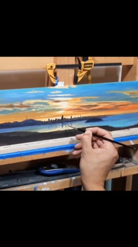 Sunset over two cities... San Francisco at sundown from Oakland.  Did dou know Oakland has some amazing views? Oil on acm. 25x5 inches.
.
.
.
.
.
#oil #oilpainting #paintingoftheday #sfartist #painting #fineart #realism #expressionism  #seascape #oceanart #sketch #artvideo #contemporarypainter #art #visualart #illustration #landscapepainting #landscape #drawing #budowski #bayareaartschool #bayareaartist #sunset