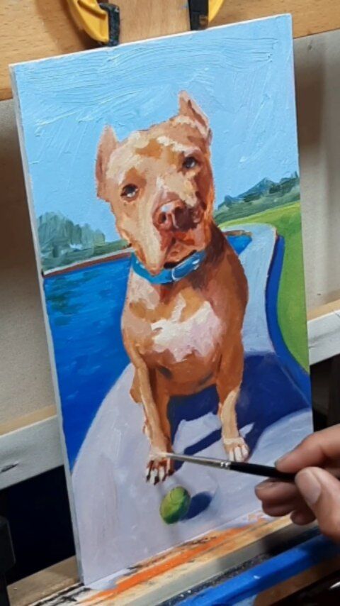 This will be up for auction Aug 21 at Beyond Resue's fundraiser event!
"Felicity" 11x5.5 inch oil painting on panel.  This is the first layer. The reference was taken by me of a very friendly pitty rescued at @gobeyondrescue. 
.
.
.
.
.
#art #arte #expressiveart #painting #oilpaintings #drawing #learntodraw #bayareaartschool #learntopaint #sfartist #colorfulart #pitbull #dogsofinstagram #dogart #sketch