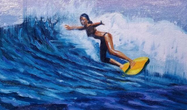 Tonight's painting.  11 inches wide. Oil on panel.
.
.
.
#surfergirl #surfer #art #arte #seacape #oceanscape #expressiveart #realism #illustration #draw #painting #oilpainting #sfartist #visualart #bayareaartschool #budowski #isthatart