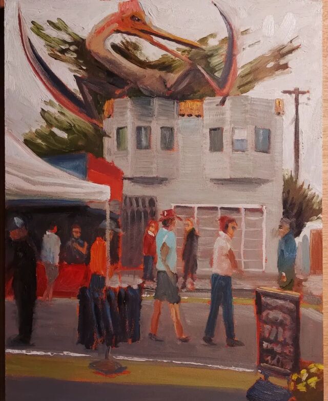Plein air from today at #fogfest2022.  I posted up outside next to @cottoncrustacean and had to put this #quetzalcoatlus perched up high.  I'll work on this more later.  People are more difficult than #imaginativerealism dinosaurs. Maybe thats a metaphor...
.
.
.
.
#pleinair #plienartpainting #oilpaintings #painting #drawing #dinoart #sketch #dinotopia #art #arte #fanart  #bayareaartschool #bayareaartist #sfvisualartist  #visualartist #arts